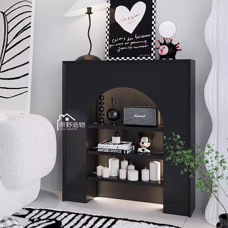 法式复古黑色简约假壁炉装饰边柜入户家用置物架展示柜子背景墙