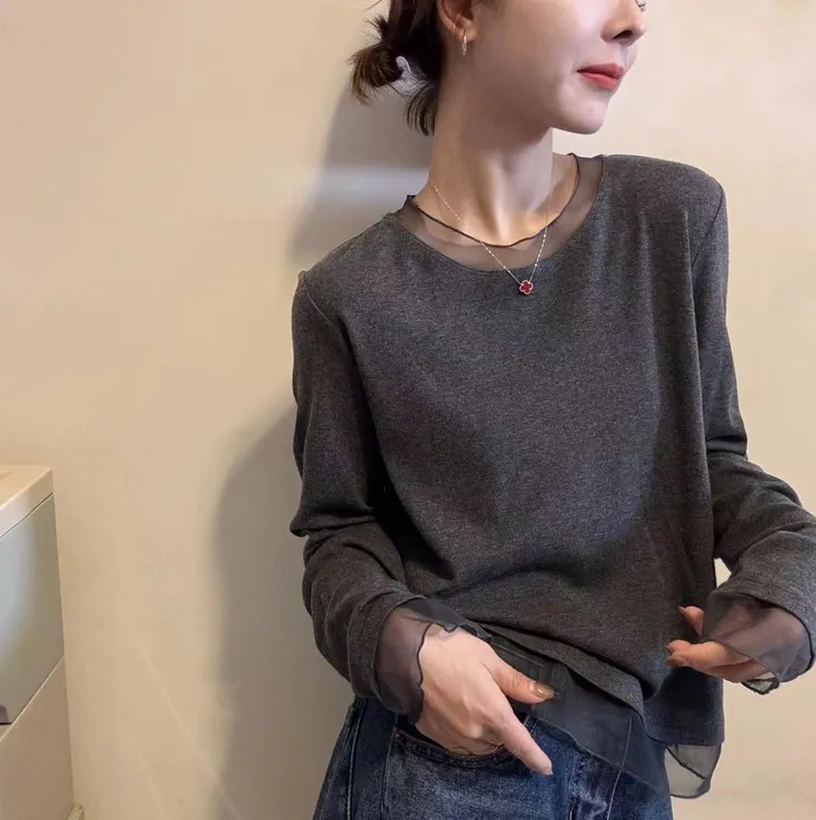 木耳边领长袖衣服打底衫上衣女2025秋冬新款设计感拼接磨毛内搭衫