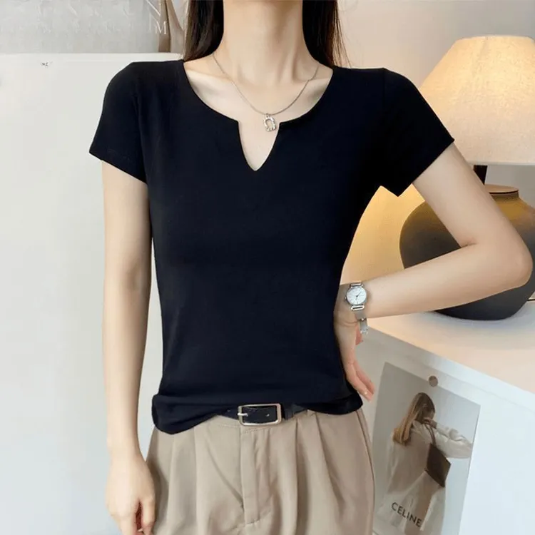 浪莎修身小V领纯棉短袖T恤女夏季新款显瘦正肩百搭外穿打底衫上衣