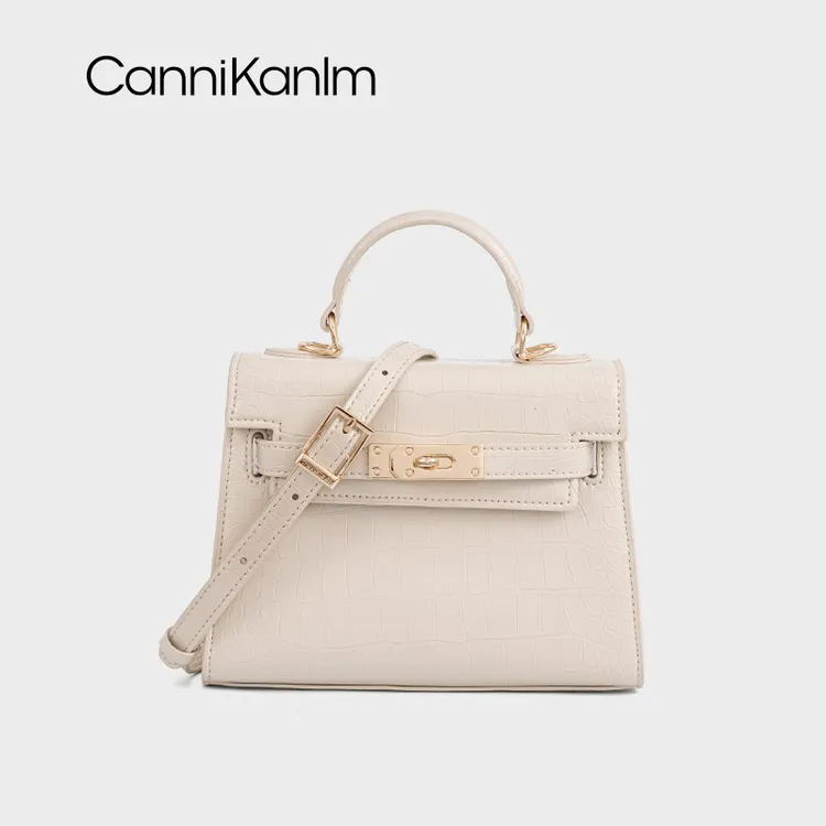 Cannikanlm真皮手提凯莉包女2025新款高级感复古鳄鱼纹单肩斜挎包