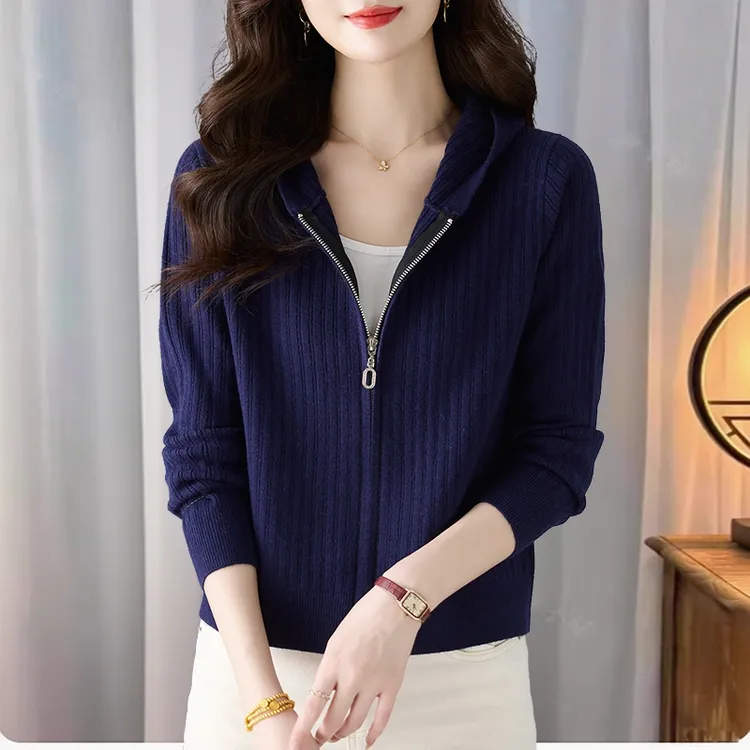 100%纯羊毛羊毛衫小个子连帽针织开衫女秋冬2025新款拉链外搭毛衣