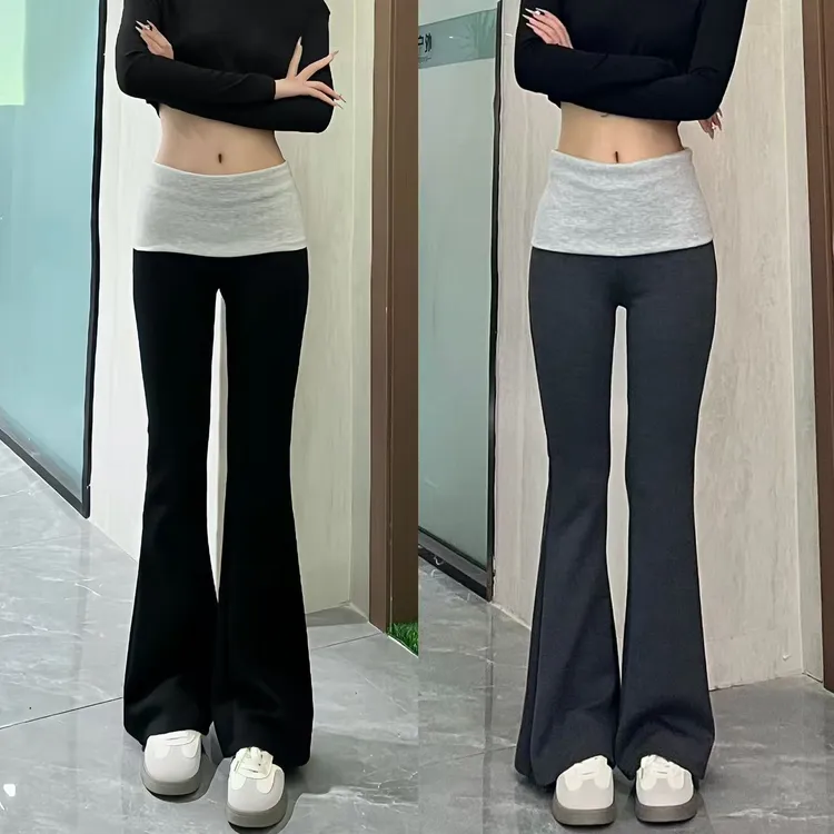 【超模裤】加绒加厚 美式微喇裤高腰拼接撞色显瘦马蹄裤拖地长裤