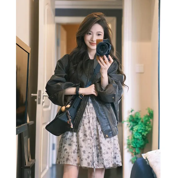 棕色皮衣外套女2025春秋新款酷飒风小个子爆款机车气质复古高级感
