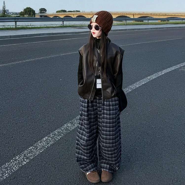 女童2025秋款格子春秋韩版工装风拉链套装宽松外套炸街夹克网红潮
