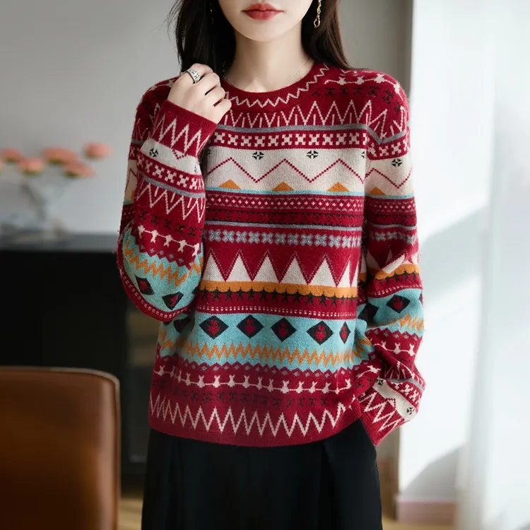 纯100羊毛衫女士秋冬新款复古名族风提花圆领毛衣红色羊绒打底衫