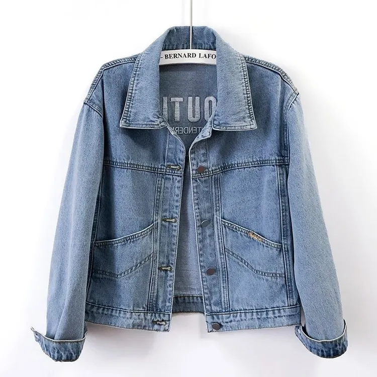 朋克风沙河牛仔外套女韩版宽松春秋百搭新款显瘦刺绣纯色短款黑色