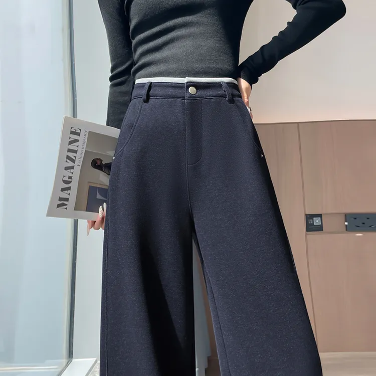 丹宁色阔腿裤女早秋2025新款高腰垂感遮胯休闲百搭撞色窄版直筒裤