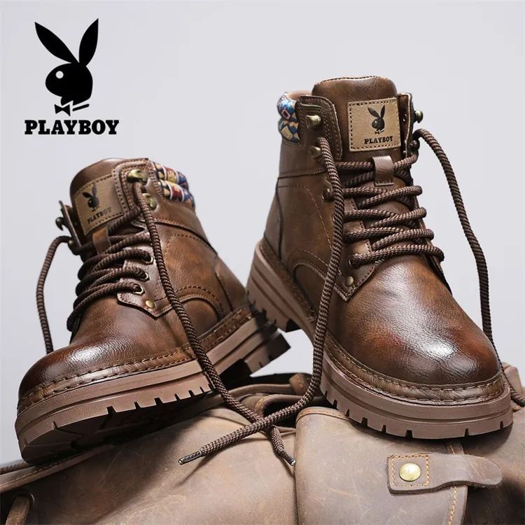 花花公子马丁靴秋冬高帮新款英伦休闲男士工装靴时尚潮流厚底皮靴