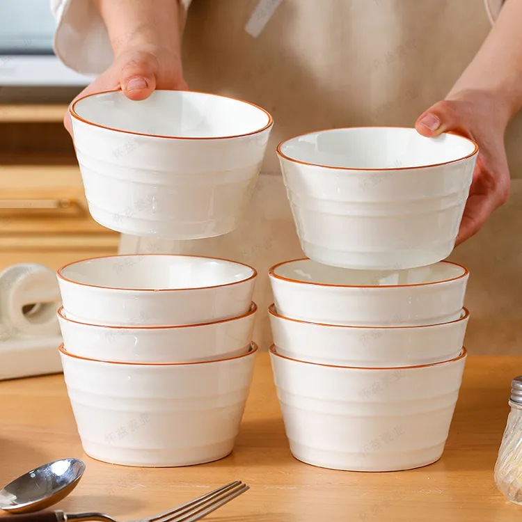 时尚生活5英寸碗新款陶瓷餐具简约横纹厚款家用隔热米饭碗