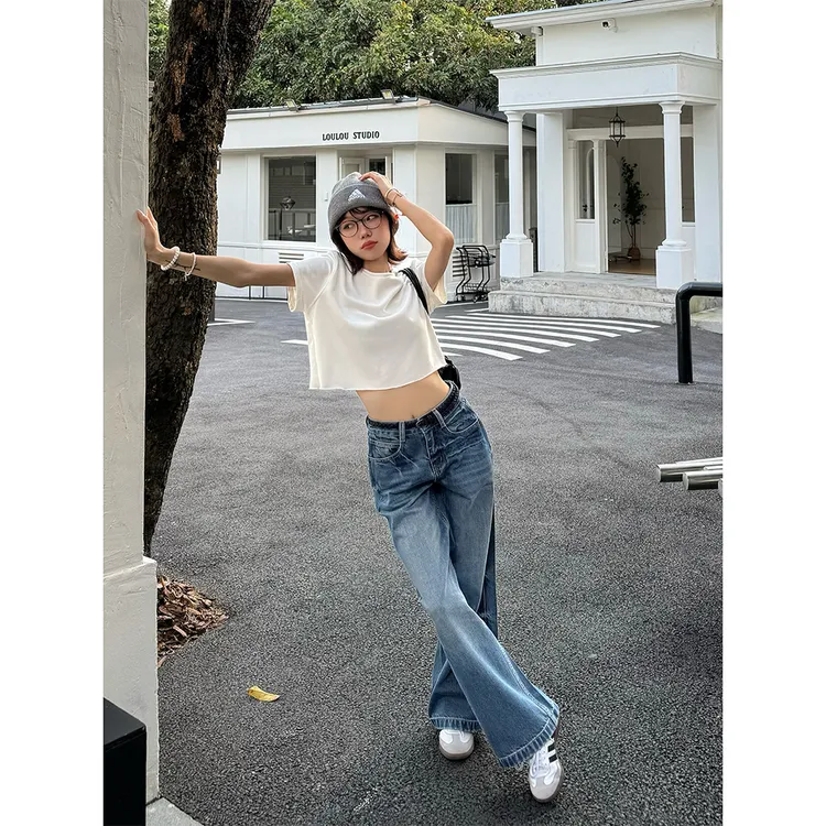 王家有鱼2025秋季新款美式复古蓝阔腿牛仔裤女设计感百搭显瘦裤子
