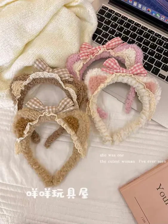 蝴蝶结小熊耳朵毛绒发箍女洗脸压发蕾丝头箍秋冬毛绒发卡可爱头饰