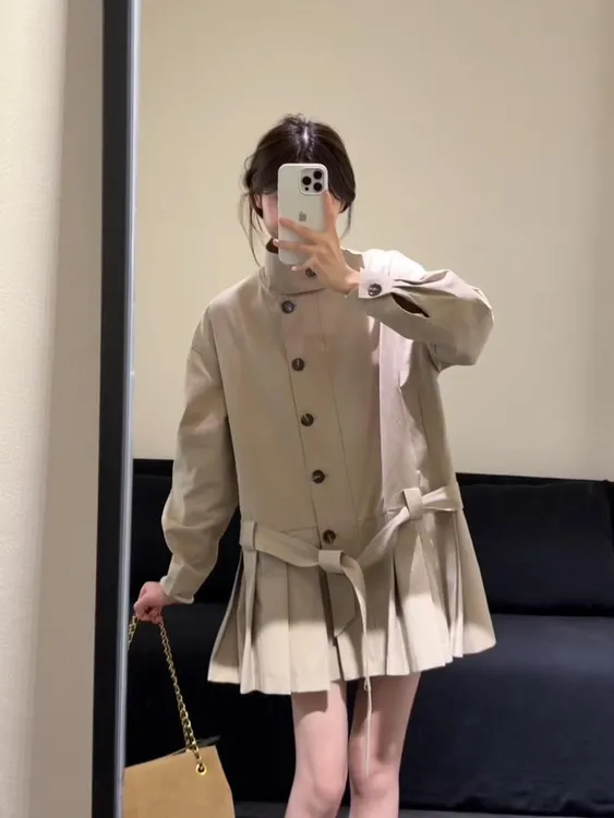 高级感风衣外套女2025秋季新款韩系设计感中长款百褶风衣连衣裙潮