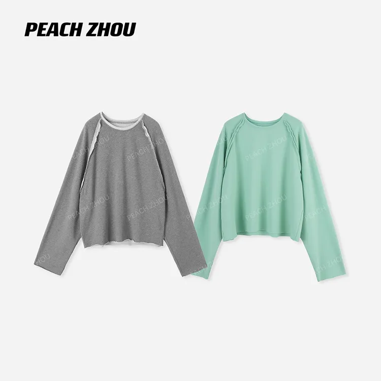 『PEACHZHOU』插肩双层散边毛圈宽松圆领卫衣休闲松驰卷边短款长袖