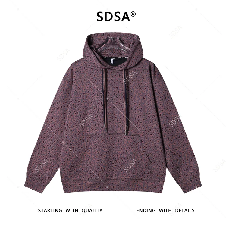 SDSA男士秋冬新款痞帅男装撞色豹纹印花抽绳连帽卫衣宽松百搭上衣