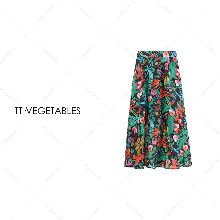 TT・VEGETABLES【序白】红花绿叶 时尚吸睛多彩花卉印花半身裙511409