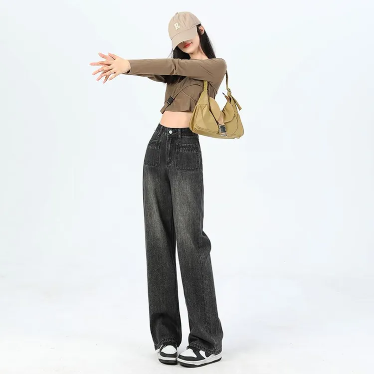 2025年春季上新窄版牛仔裤女高腰显瘦复古百搭阔腿裤春秋新款裤子