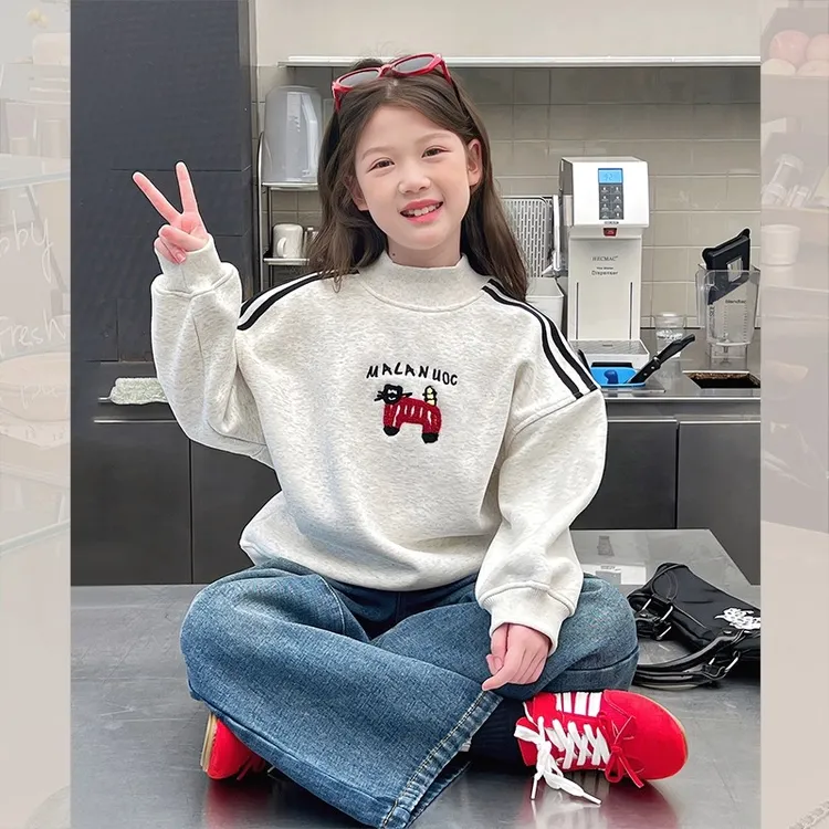 一体绒加厚女童高领运动卫衣儿童洋气长袖上衣大童2025冬装新款