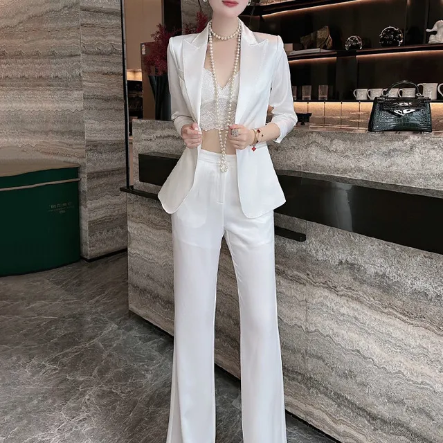 2024春夏新款高端轻奢醋酸面料职业西装套装气质女微喇裤欧货薄款