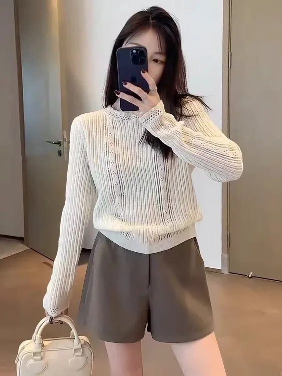 女薄款修身圆领长袖短款毛针织衫秋冬女装2025韩版设计感显瘦