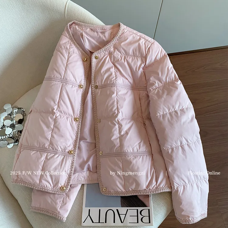 小香风粉色圆领单排扣棉服女2025秋冬新款轻薄保暖气质短款外套