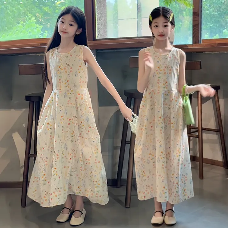 MIQIDIDA/米奇丁当女童夏季新款连衣裙碎花过膝长裙无袖透气裙子