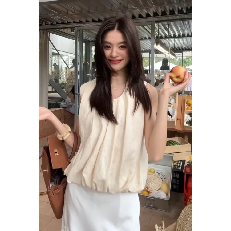 MARIE.COCO韩系气质高级感慵懒无袖花苞背心衬衫时尚蕾丝短裙套装