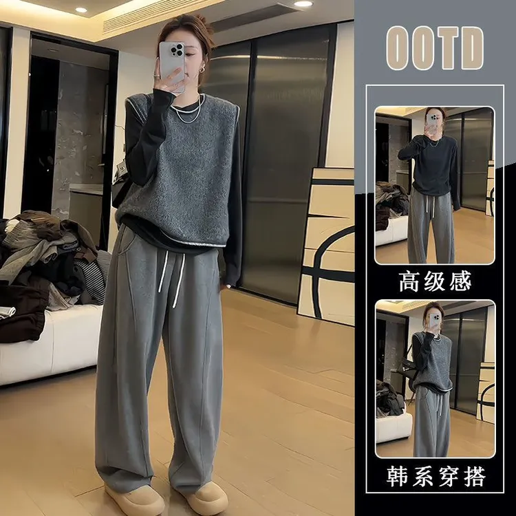 初秋一整套穿搭韩系简约百搭洋气针织马甲长袖T恤休闲裤时尚套装