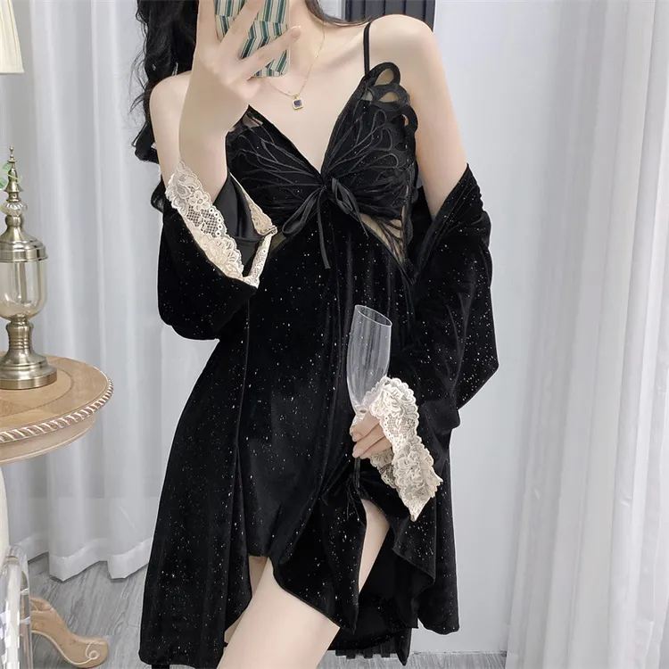 新款黑色睡衣性感长袖吊带露背睡裙蕾丝睡袍两件套家居服带胸垫