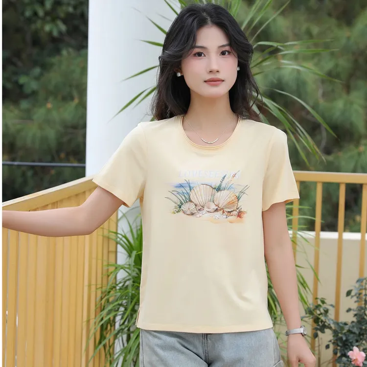 贝壳夏季兰精莫代尔+棉 工艺刺绣 抗菌短袖t恤