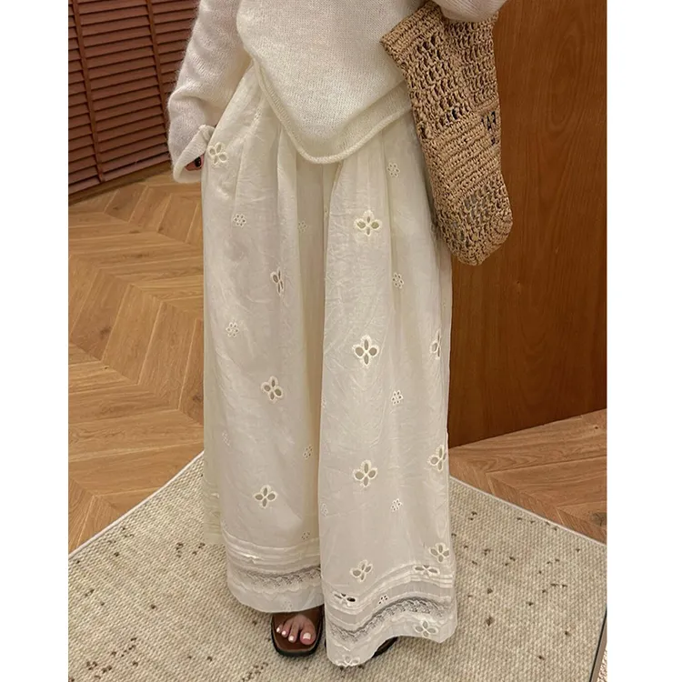 重工宽松刺绣休闲裤女夏薄款慵懒风大码遮跨缕空蕾丝飘飘阔腿裤