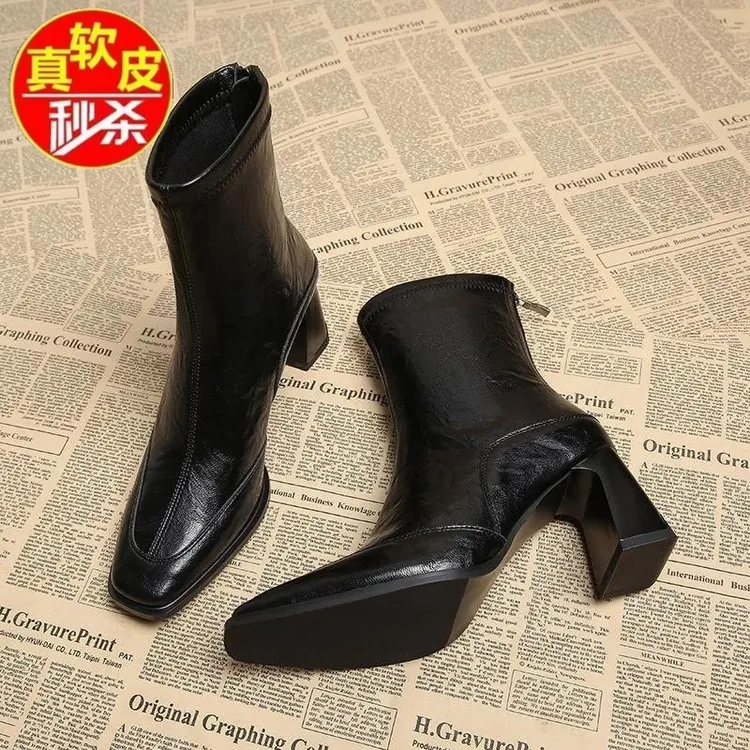 品牌断码真软皮高跟靴子女25新款爆款法式小短靴女洋气瘦瘦靴踝靴
