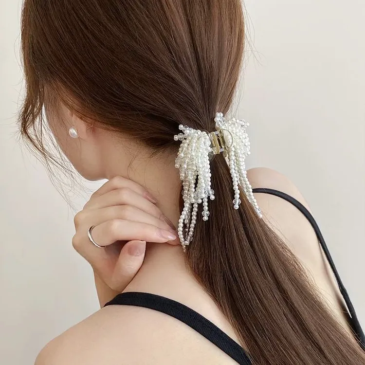 珍珠流苏发夹串珠小抓夹女发量少后脑勺半扎发2025新款鲨鱼夹发饰