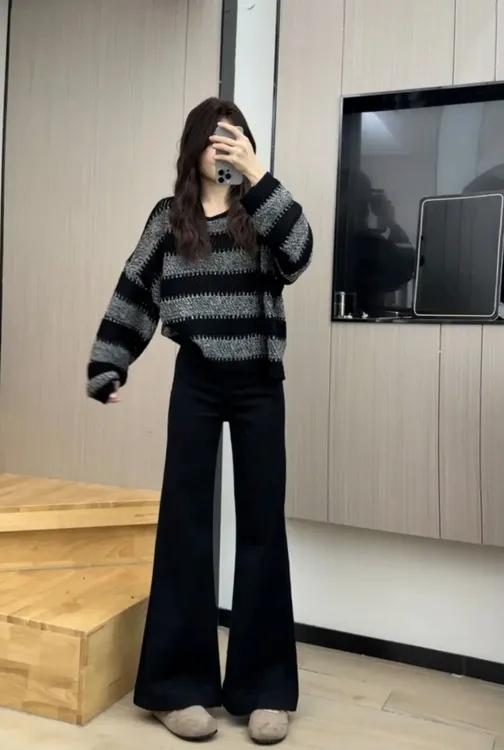 秋季新款黑色水洗长裤微喇直筒裤高腰弹力丹宁风牛仔裤裤子休闲裤