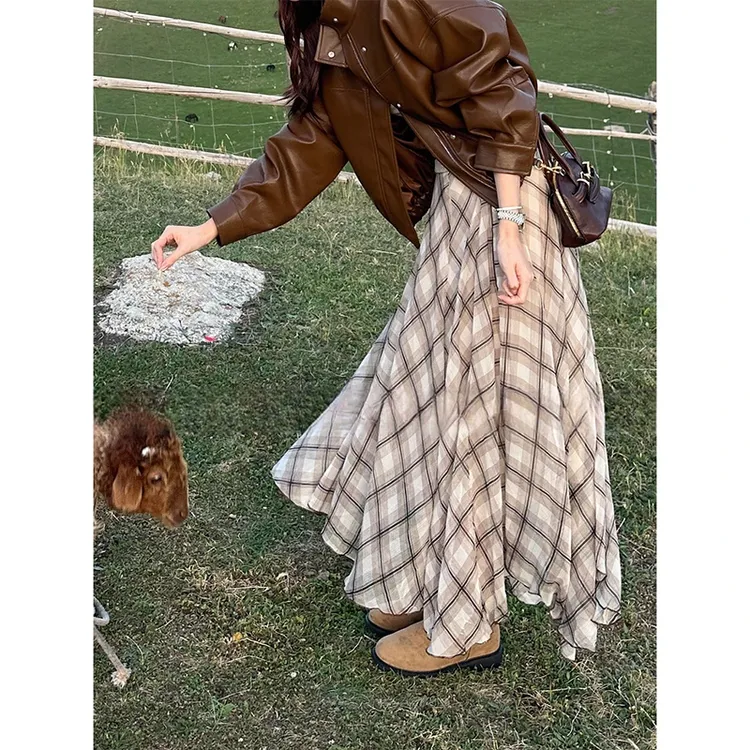 温柔风格子半身裙女2025夏季新款复古气质显瘦a字不规则长款裙子