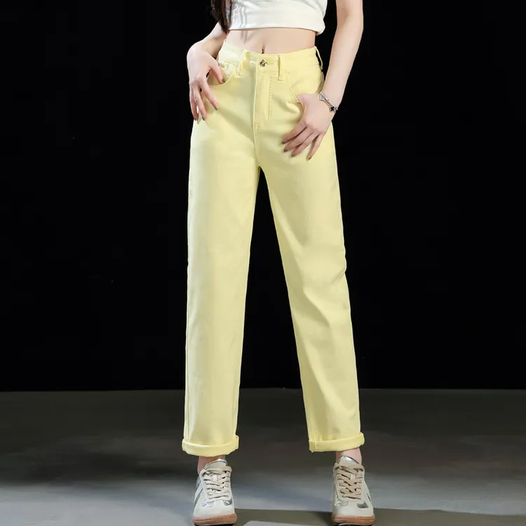 浅黄色牛仔裤女款爆款2025新款彩色女士裤子九分宽松哈伦裤老爹裤