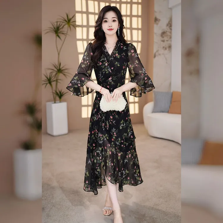 【千羽定制】减龄碎花连衣裙2025年夏季气质修身显瘦荷叶边鱼尾裙子