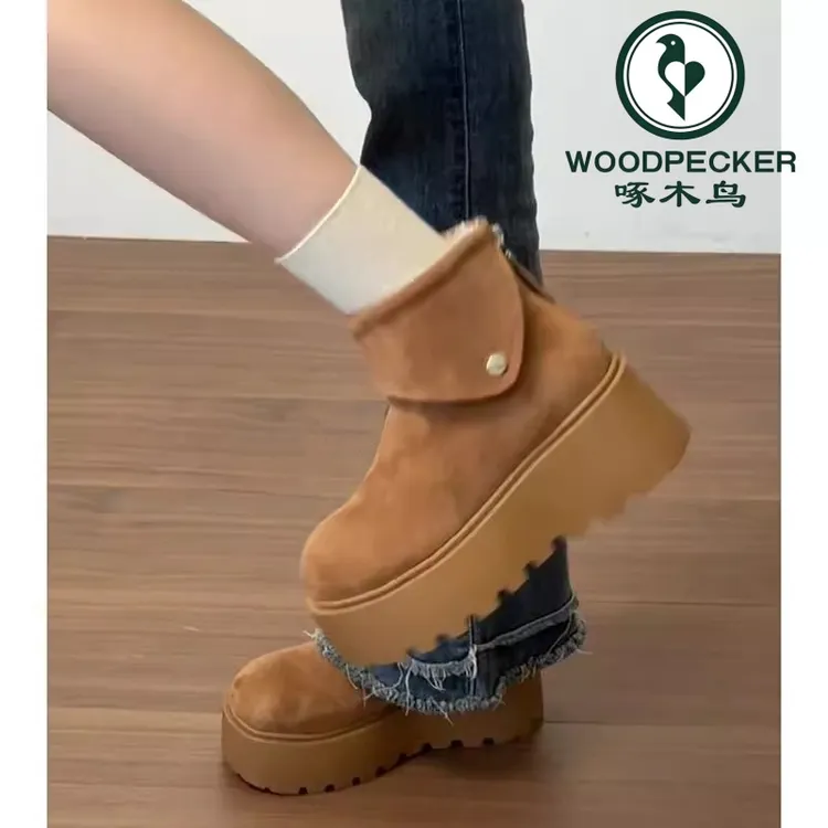 啄木鸟保暖增高厚底雪地靴女款2025新款冬季勃肯加绒加厚棉鞋子