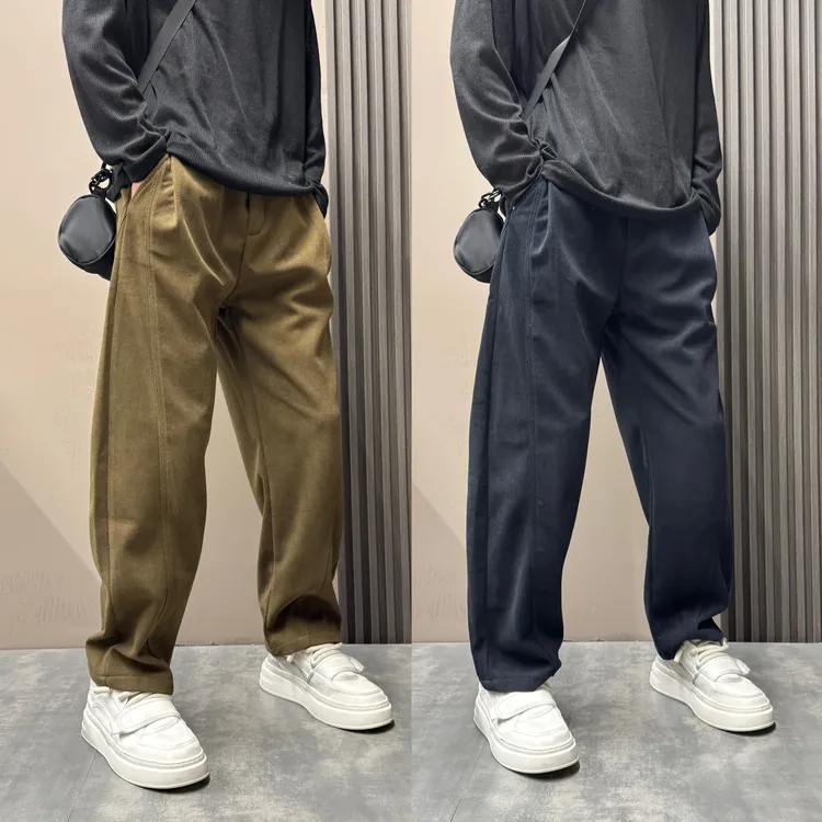 秋季新款男士潮流纯色拼接宽松直筒裤子简约百搭时尚灯芯绒休闲裤