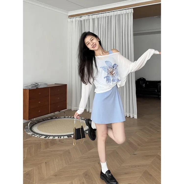 张阿星【雾蓝花语】薄款防晒遮肉罩衫+蓝色显白背心裙   W425A11085