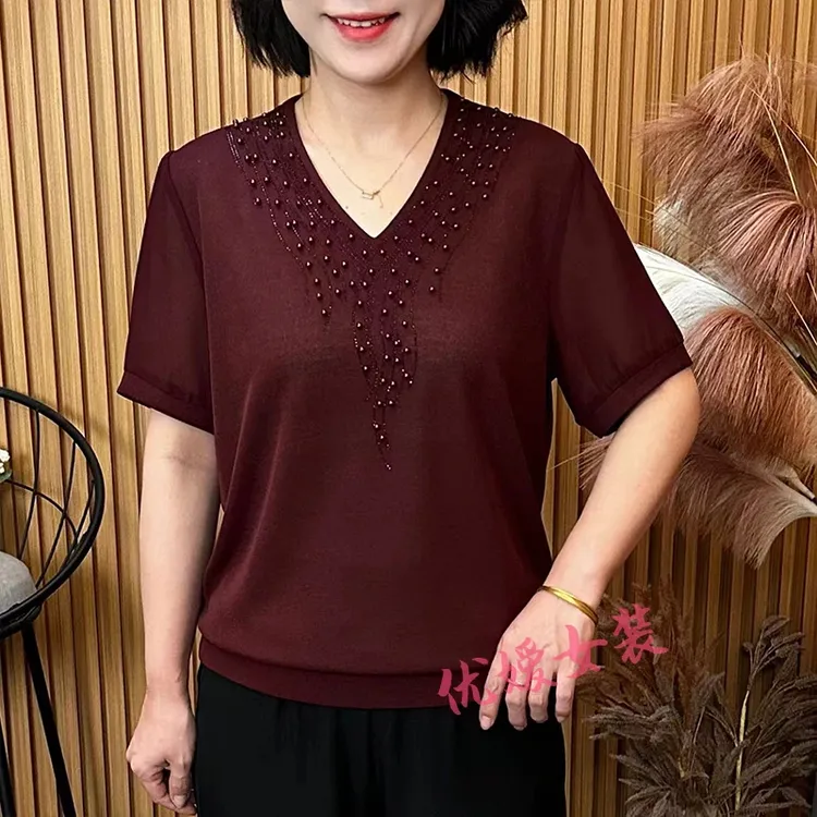 妈妈装夏季新款纯色V领钉珠透气显瘦百搭中老年女装短袖上衣A6236