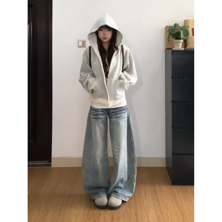 原宿风设计感条纹拉链秋冬外套设计感连帽加绒加厚卫衣女百搭通勤