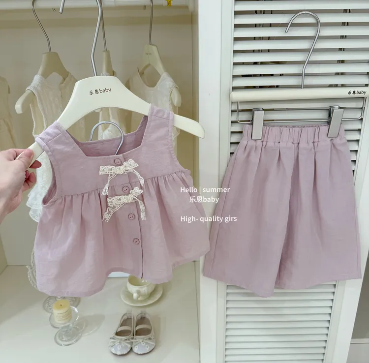 现【乐恩童装】原创高定女童夏季新款粉色娃娃衫休闲洋气阔腿裤套装