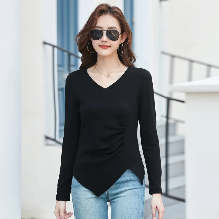黑色V领女士长袖t恤春秋修身显瘦时尚洋气百搭气质不规则下摆上衣