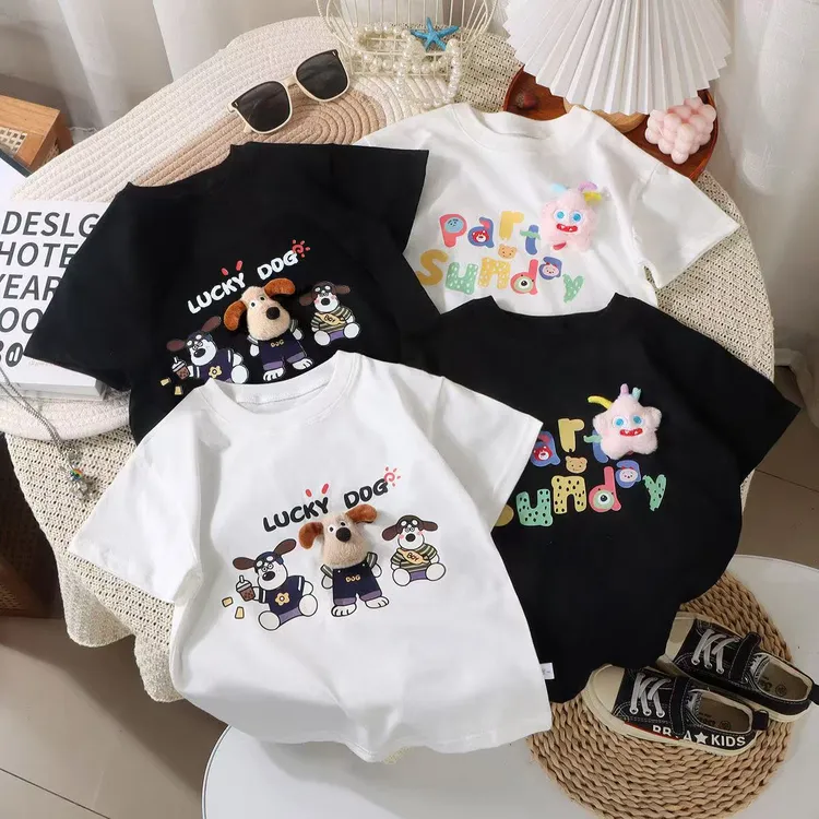 立体装饰卡通T恤中性纯棉短袖打底韩版宽松白色宝宝夏季薄款