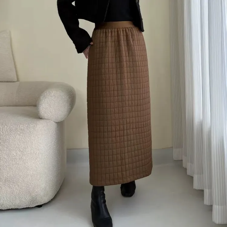 韩系东大门25秋冬季保暖华夫格夹棉半身裙女简约显瘦A字裙中长裙