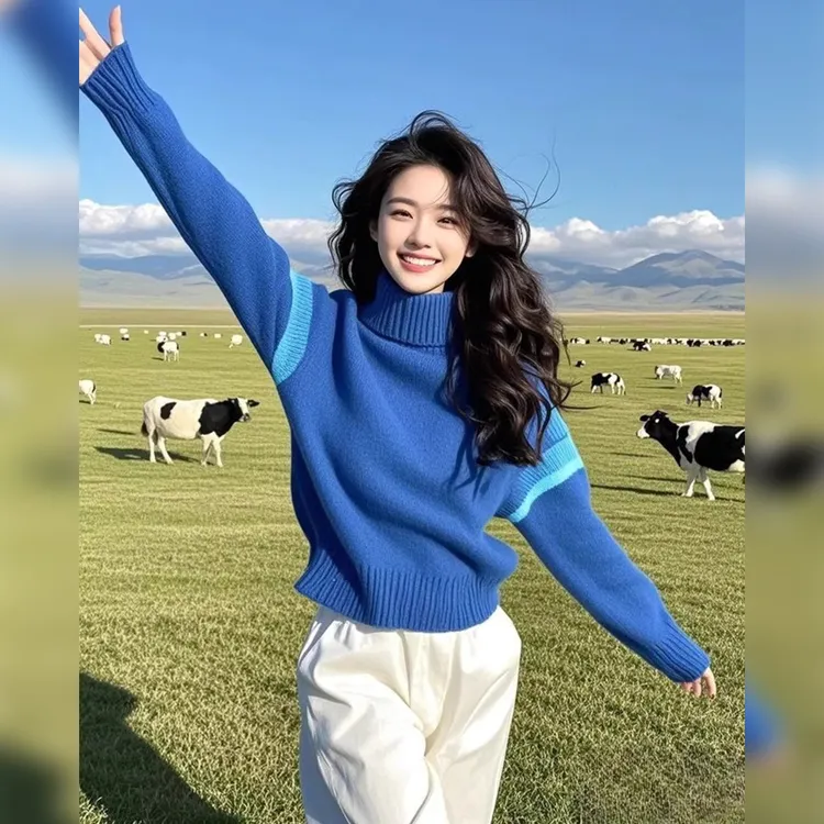 克莱因蓝色高领针织毛衣女2025新款春季穿搭慵懒高级感多巴胺上衣
