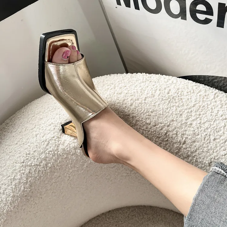 7cm高跟凉拖鞋女真皮夏外穿优雅上街穿百搭配裙子金银色牛皮凉鞋