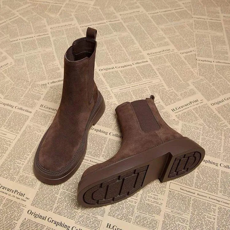 【早秋绒面复古韩系平底】鞋2025秋冬时尚超火厚底切尔西成都平底鞋