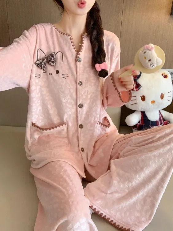 甜美KT猫海岛绒睡衣女秋冬季薄绒款保暖套装2025新款开衫家居服