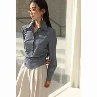 【傲】绅士风格直角肩T型经典美式条纹衬衫 长绒棉收腰英气女衬衫